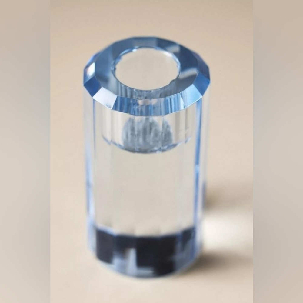 Anthropologie Modern Cut Glass Candle Holder in Blue, NIB